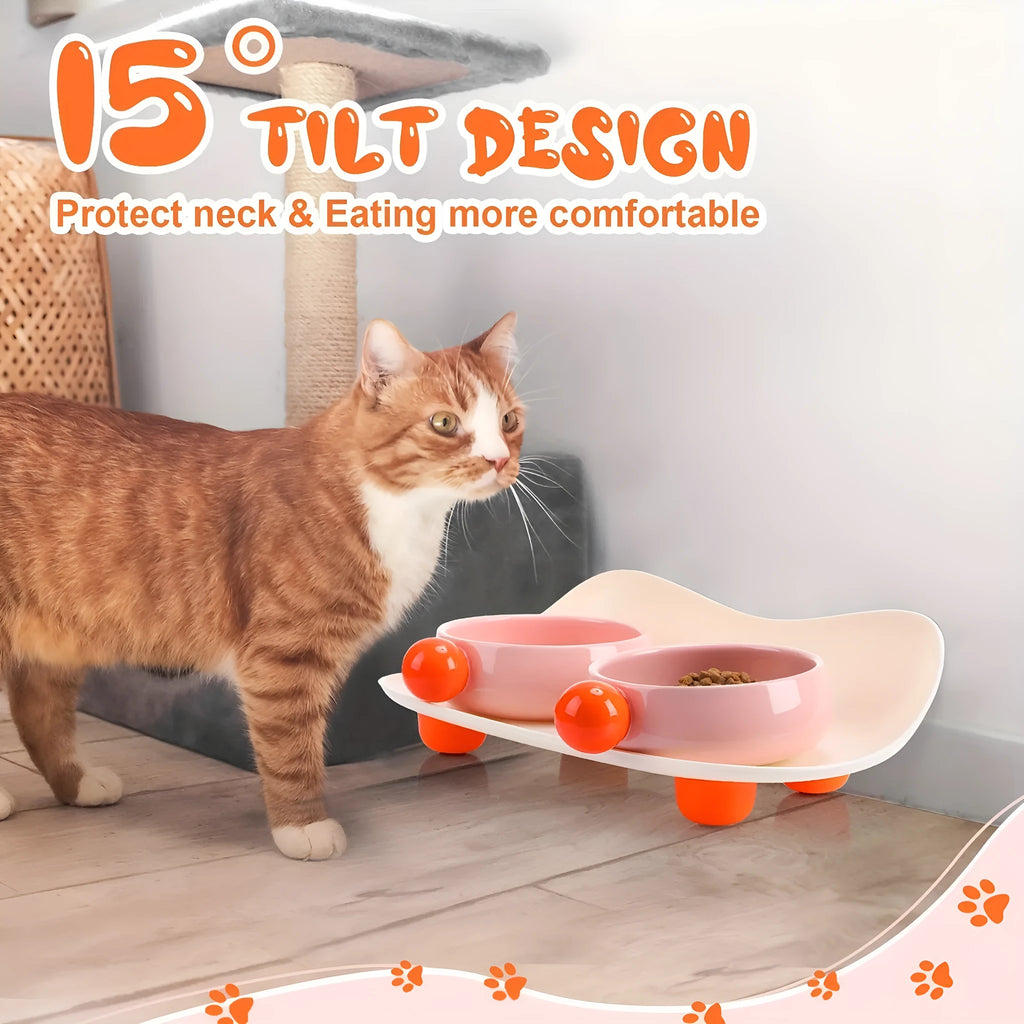 Elevated ceramic pet feeding bowl set with two bowls on raised platform
