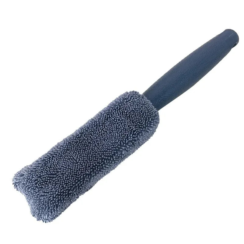 Blue microfiber car tyre brush with extended handle for cleaning wheels and rims