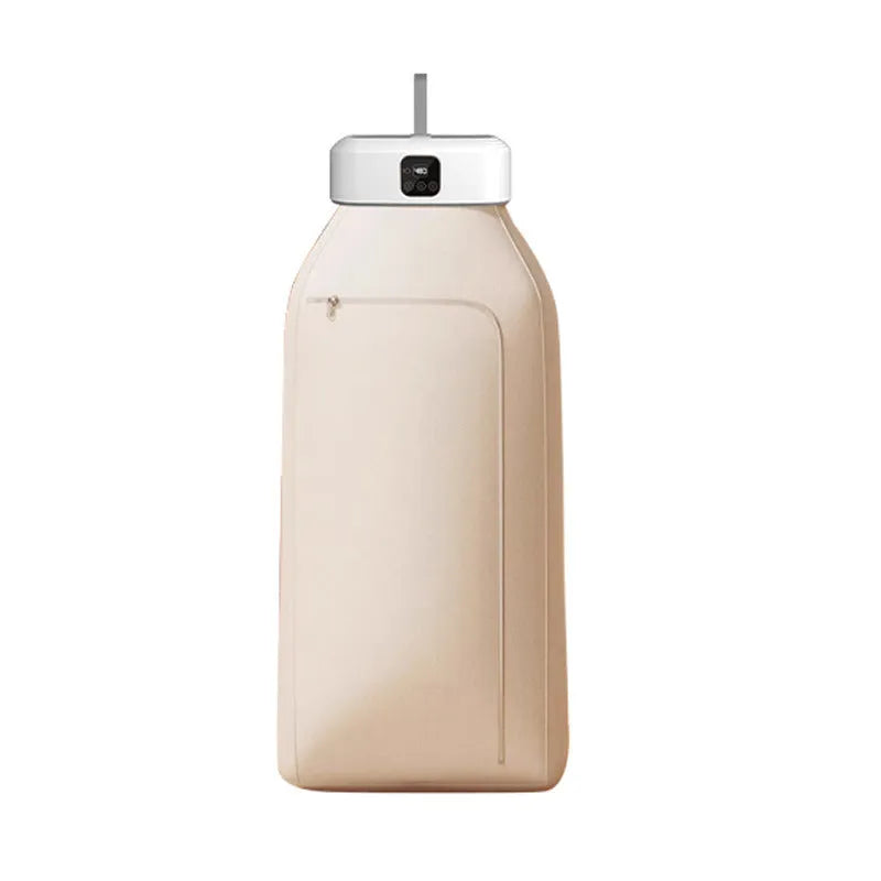 White cylindrical foldable clothes dryer with remote control on flat surface showing compact dimensions
