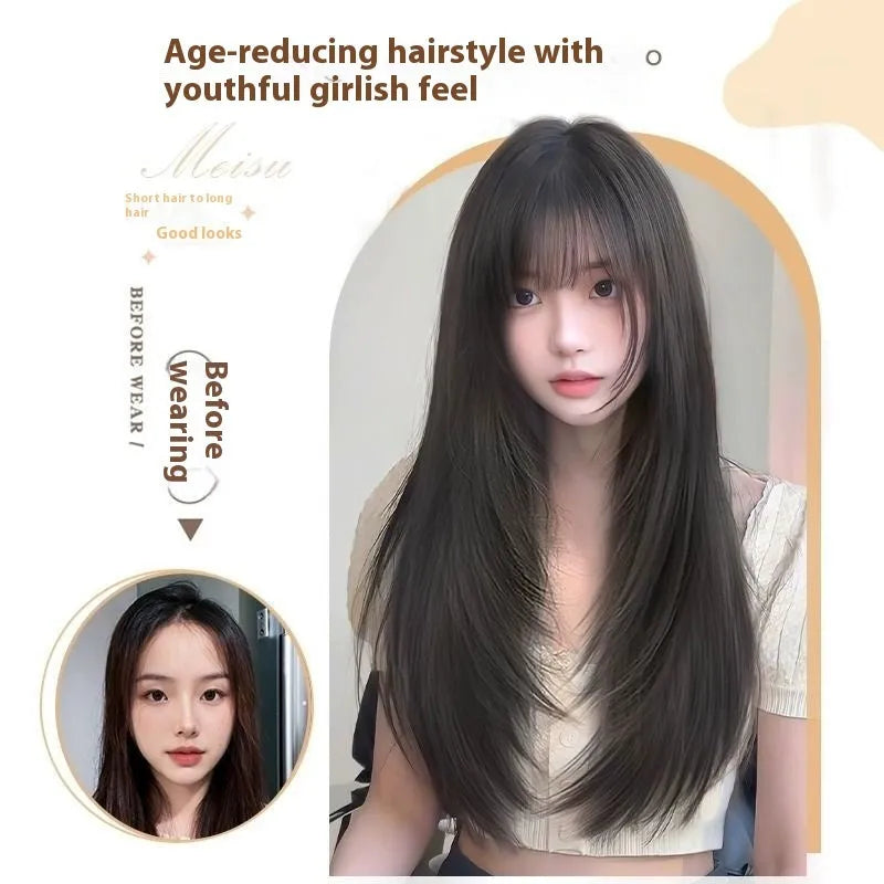 Black long straight high-layered wear-free hair net wig on display stand