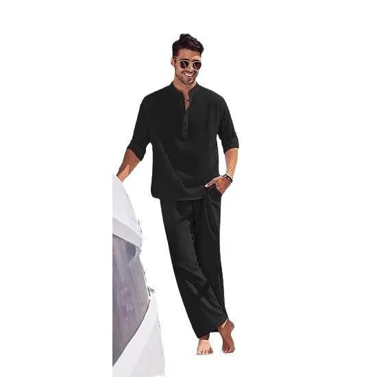 Men's solid colour casual cotton suit with long sleeves and trousers for spring and autumn leisure wear.