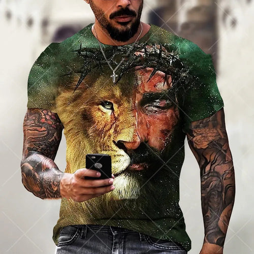 Men's grey T-shirt with a 3D printed Jesus design on the chest, short sleeves, made from Bird Eye cloth.