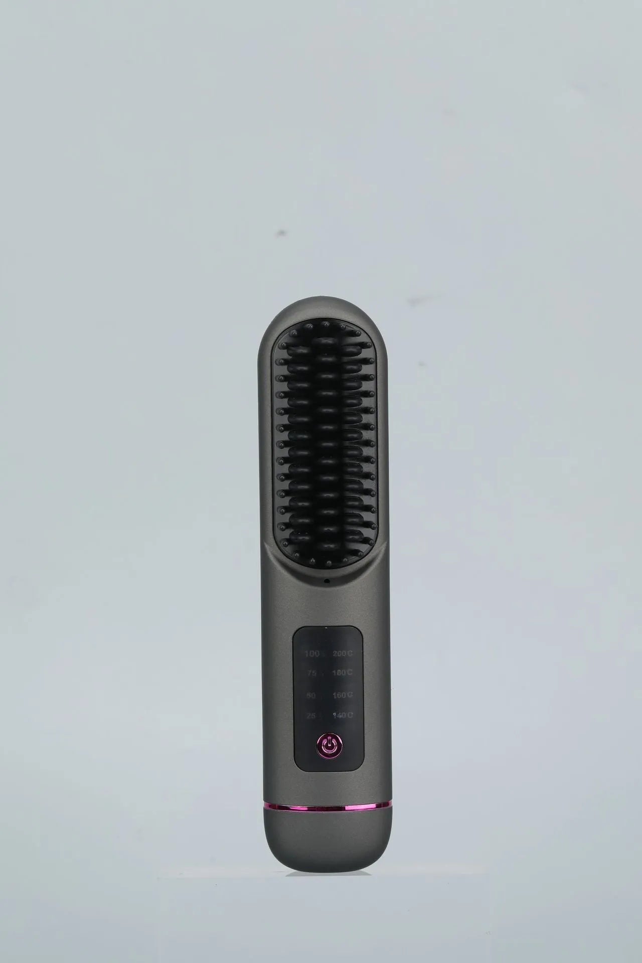 White, dark blue, and grey portable rechargeable negative ion hair comb for static control and straightening.