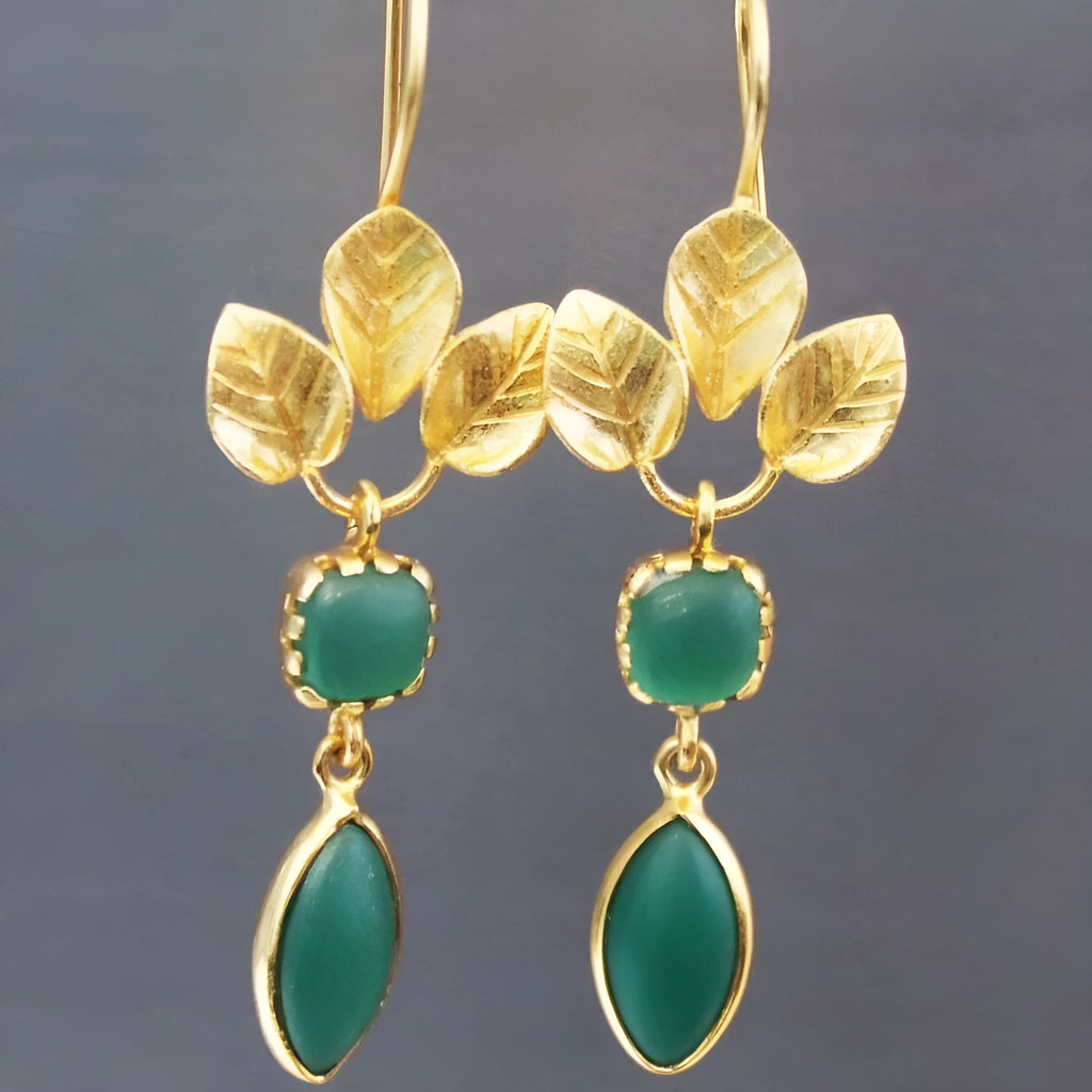 Gold retro drop earrings with water drop zircon stones and French leaf tassel design