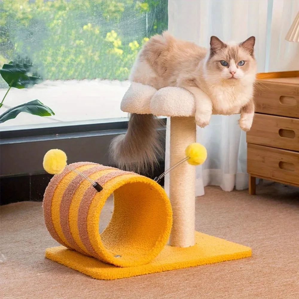 Yellow bee cat climbing frame with sisal scratching board and tunnel measuring 46x36x25cm
