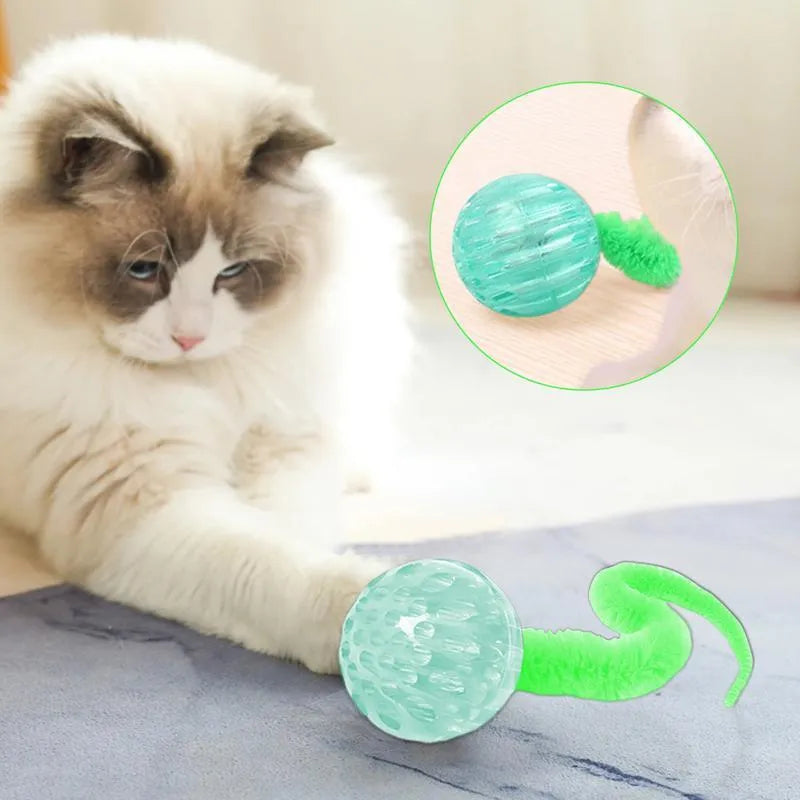 Interactive bouncy ball cat toy with elastic tail in TPR and plush materials