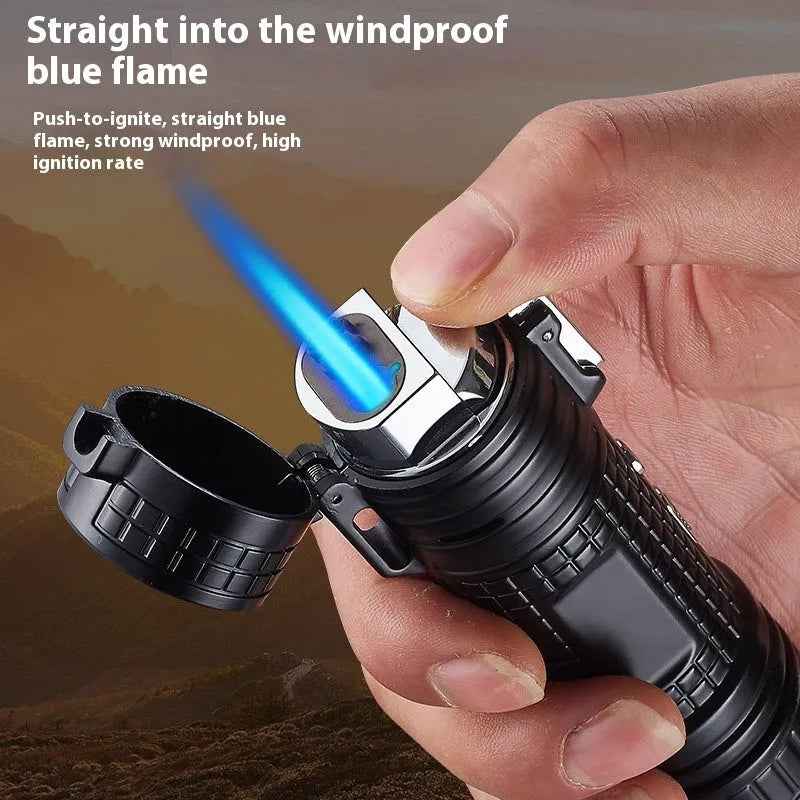 TH727 multifunction metal flashlight lighter in camouflage colour showing LED light, plasma arc, and knife.