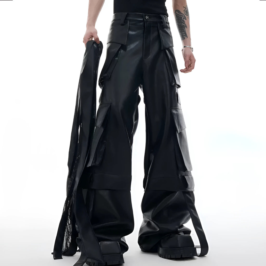 Black loose-fit quilted trousers with multiple pockets and stitching detail