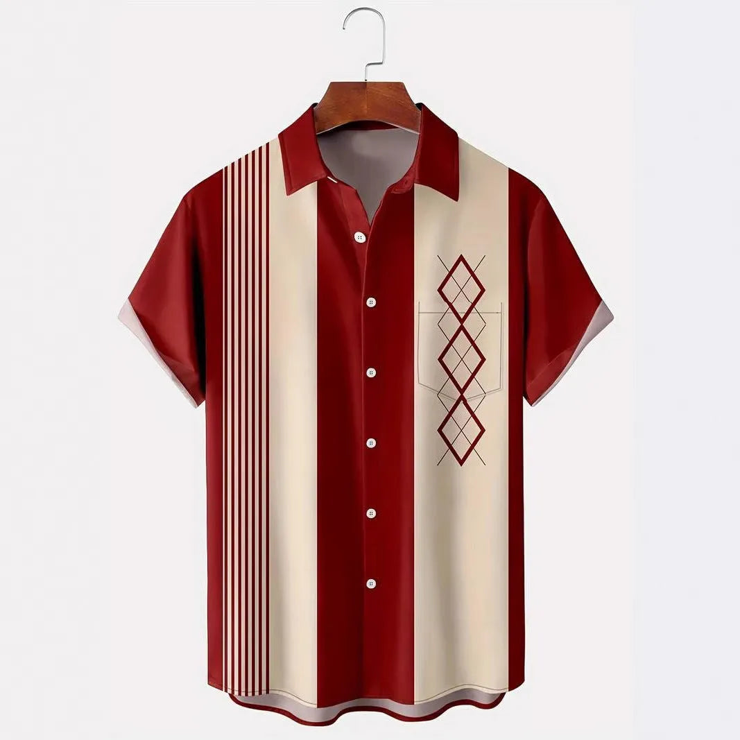 Men's loose-fitting plaid short sleeve shirt with lapel collar in contrast colours