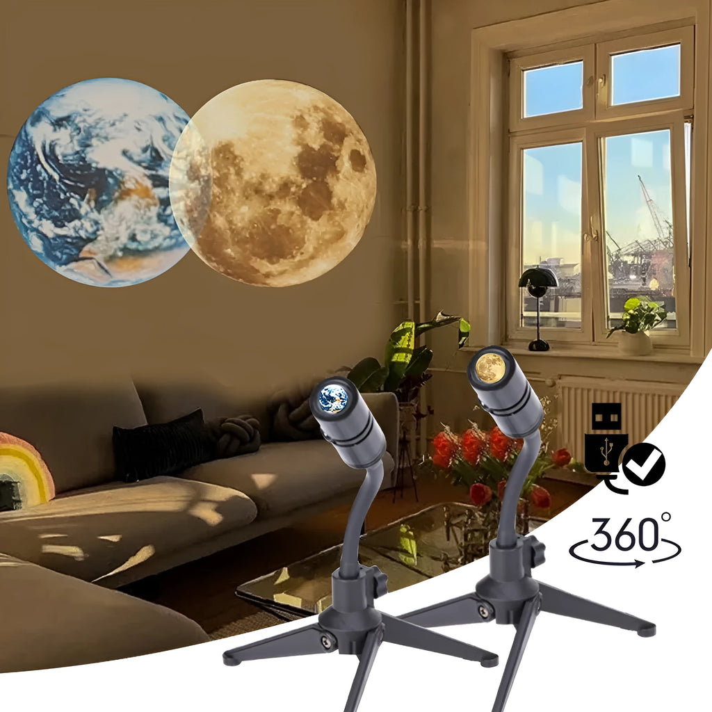 Earth and Moon star projection lamp with adjustable bracket on bedside table