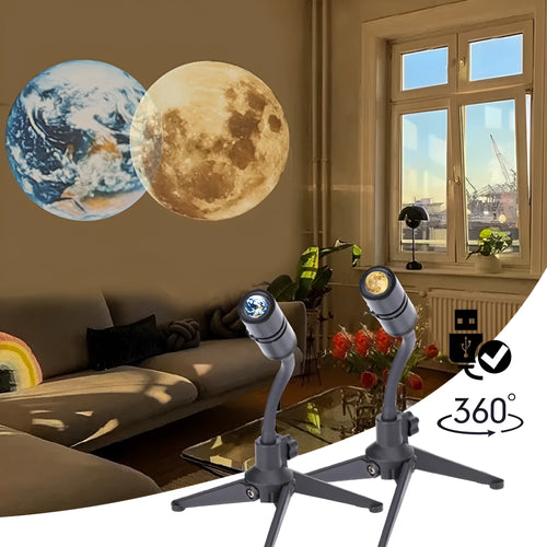 Earth and Moon star projection lamp with adjustable bracket on bedside table