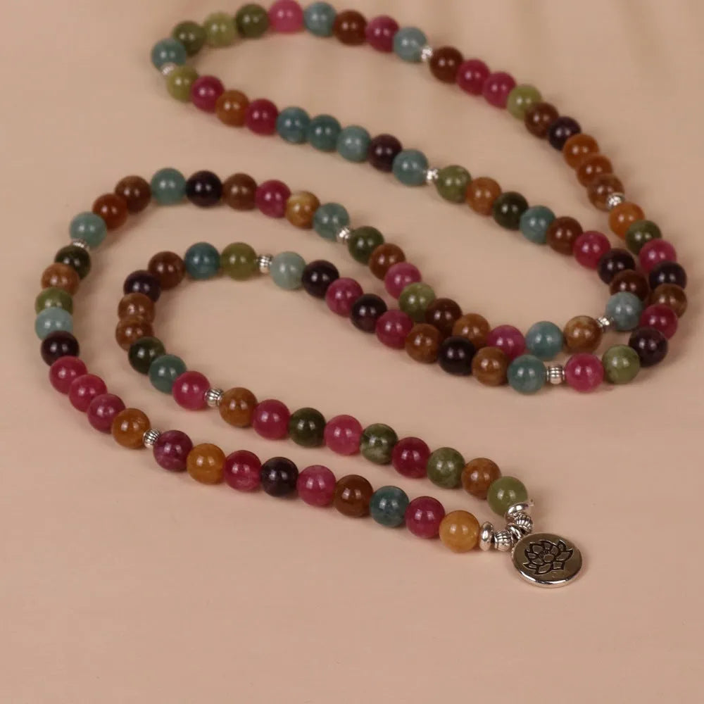 Tourmaline-colour lotus bead multi-layer bracelet with 108 beads on alloy string