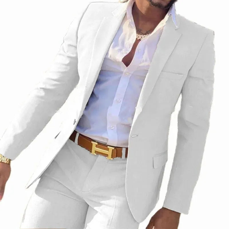 Men's purple cotton banquet suit jacket and trousers on a hanger, showing the two-piece formal set.