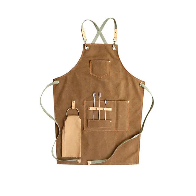 Cross-back strap canvas apron in camel colour with Han Chinese style, shown on a model.
