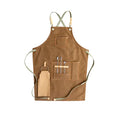 Cross-back strap canvas apron in camel colour with Han Chinese style, shown on a model.