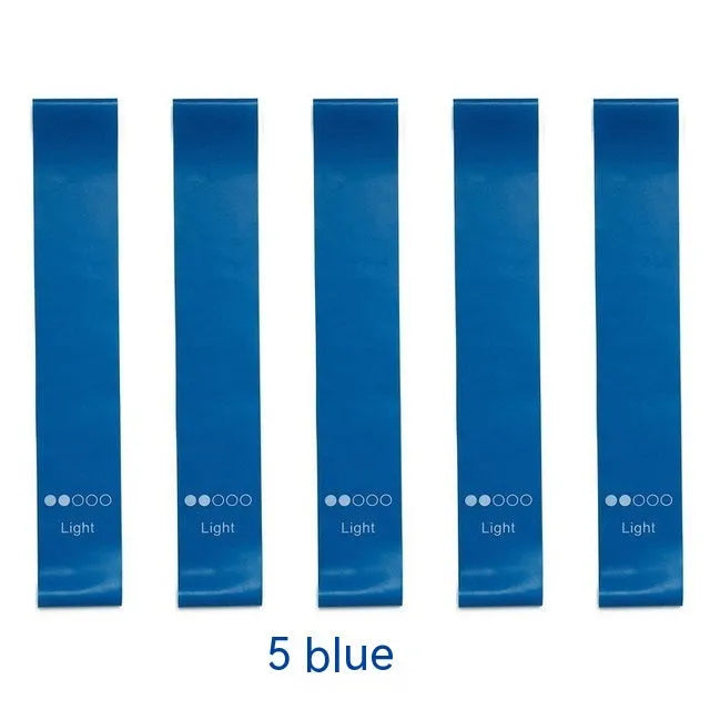 Set of five colour-coded yoga resistance straps with force marks and five plain TPE straps.