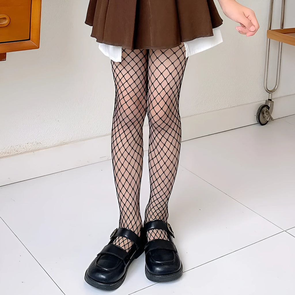Women's thin mesh stockings in large, medium, and small net patterns in black and white.