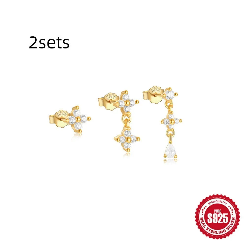 S925 sterling silver geometric zircon tassel earrings in gold colours with stud backings