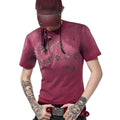 Men's red slim-fit t-shirt with distressed wash and short sleeves, laid flat.