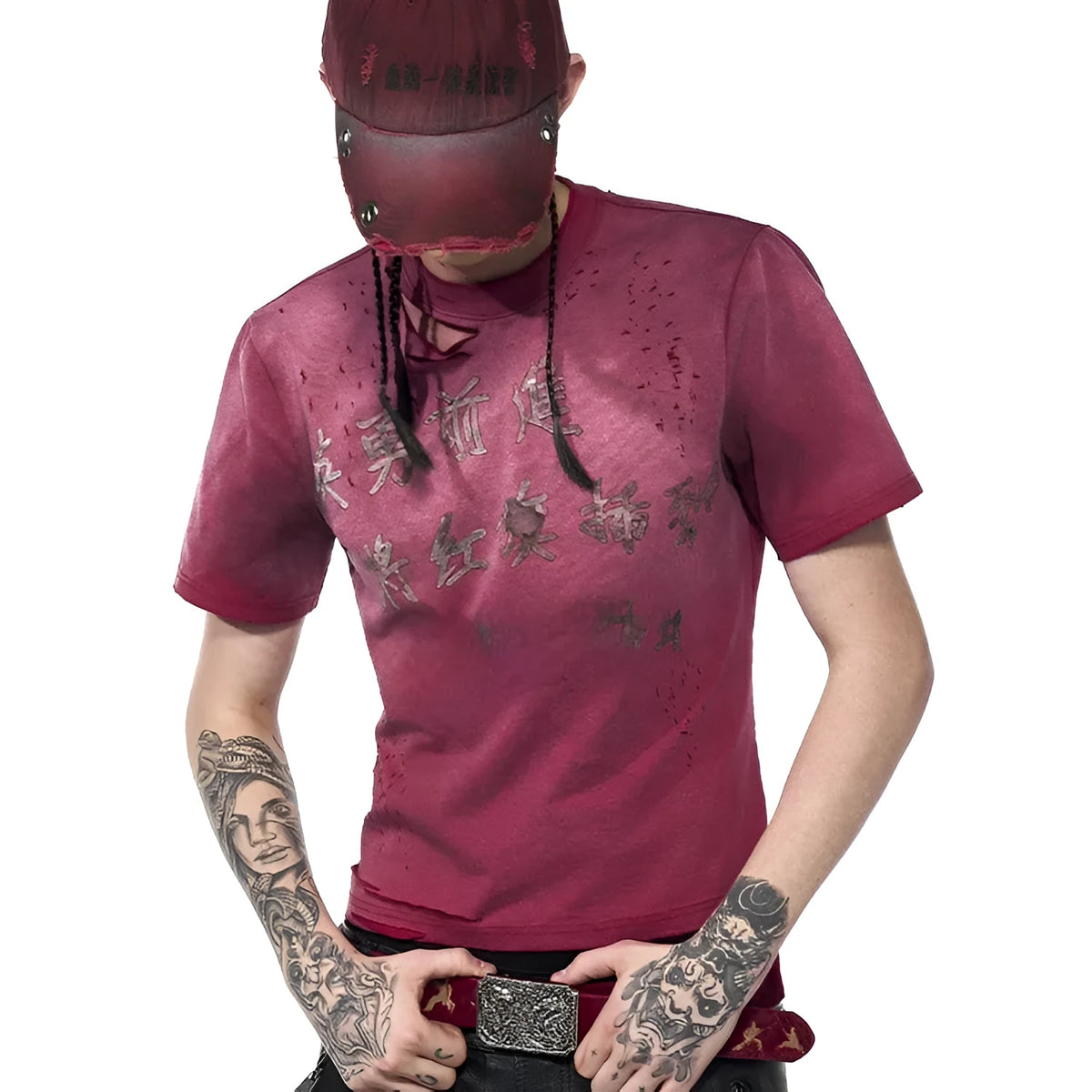 Men's red slim-fit t-shirt with distressed wash and short sleeves, laid flat.