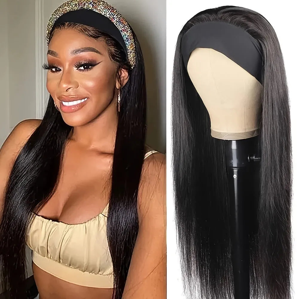 Headband wig with long straight black synthetic hair on a mannequin head