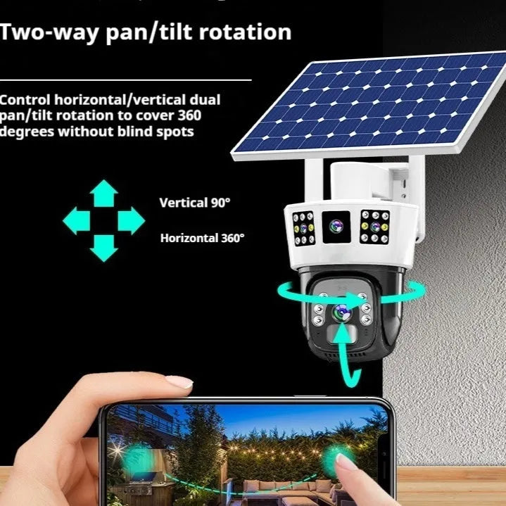 Solar-powered outdoor surveillance camera with three-screen display and solar panel