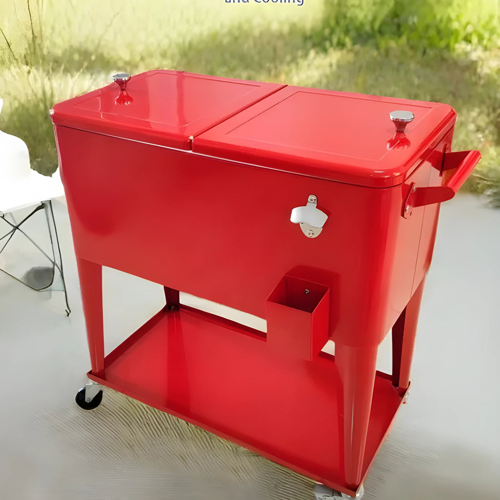 Red metal insulated trolley ice bucket with 750ml capacity for outdoor picnics