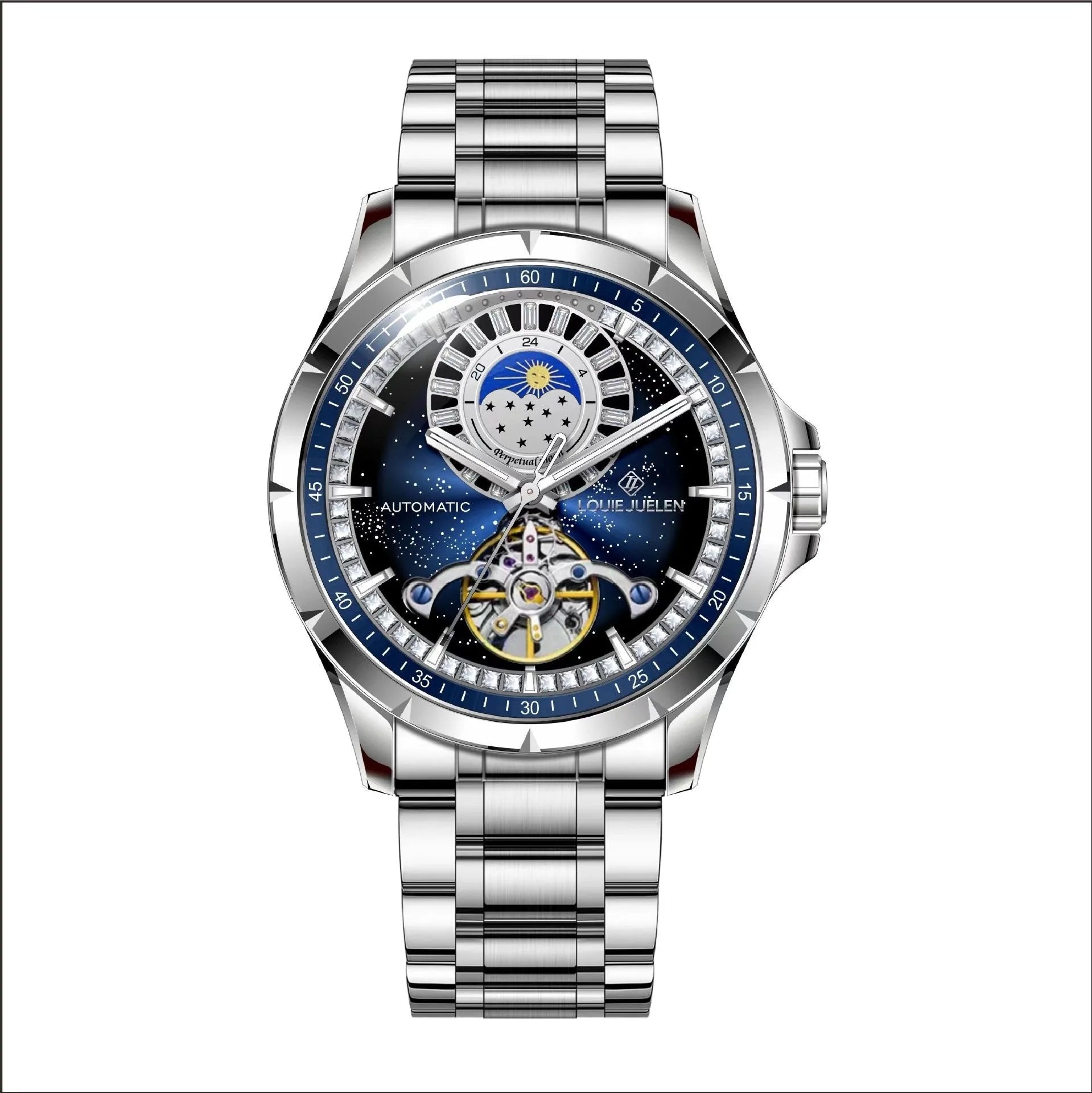 Silver automatic mechanical watch with blue dial on stainless steel bracelet