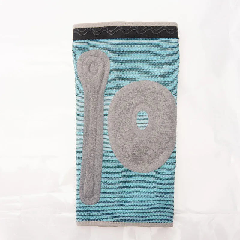 Sky blue elastic fibre silicone knee pad for sports protection, shown in S, M, L, XL sizes.
