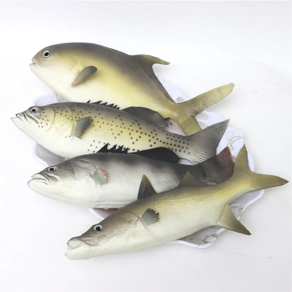 PU simulated fish ornament set showing yellow-fin tuna, small tuna, and yellow croaker ocean animal models