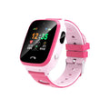 Blue children's phone watch with HD touchscreen and silicone wristband showing positioning features