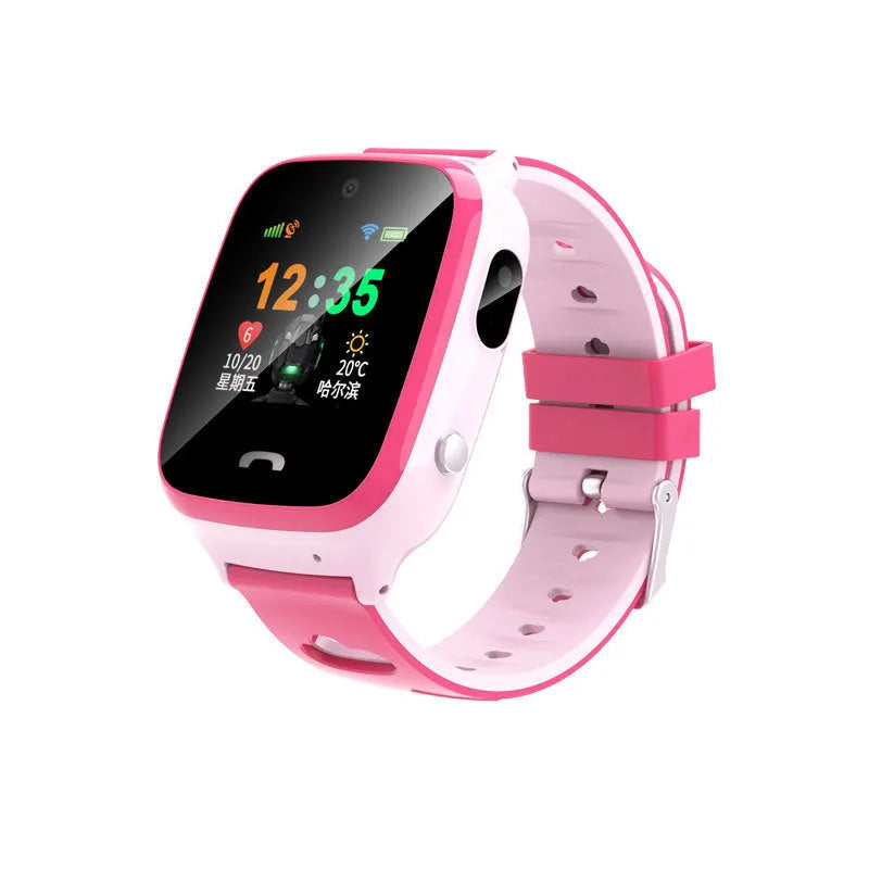 Blue children's phone watch with HD touchscreen and silicone wristband showing positioning features