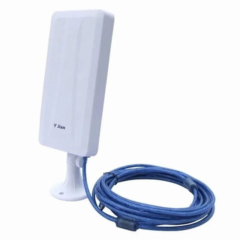 White high power USB wireless network card with Type USB connector showing coverage options