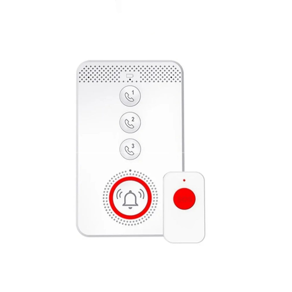 White voice emergency alert device with one buzzer unit and three call buttons.