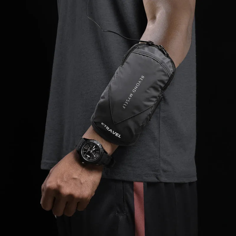 Reflective running arm bag with adjustable strap for phones up to 7 inches, shown in fluorescent yellow.