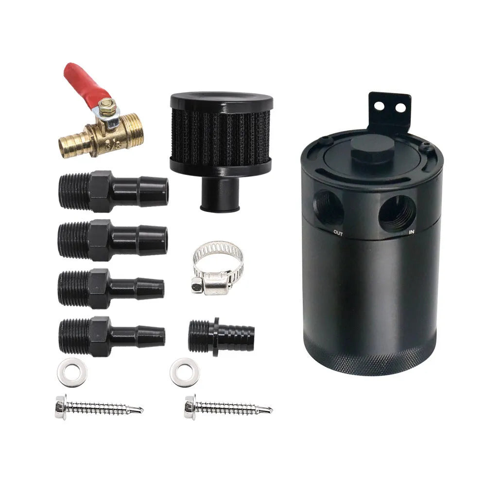Aluminium automotive oil breather pot with two mounting holes in black and silver colour options
