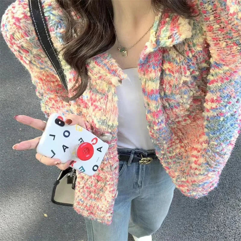 Retro style knitted rainbow cardigan in pink or green with free size slim fit