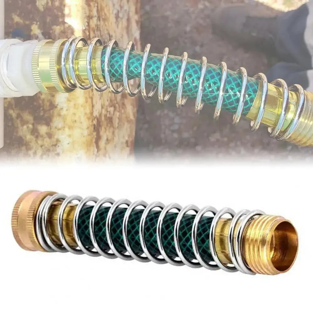 Brass garden hose spring connector with spiral anti-kink mechanism and threaded fittings