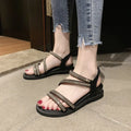 Women's Korean style flat sandals with rhinestone decoration and elastic band in silver colour