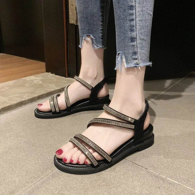 Women's Korean style flat sandals with rhinestone decoration and elastic band in silver colour