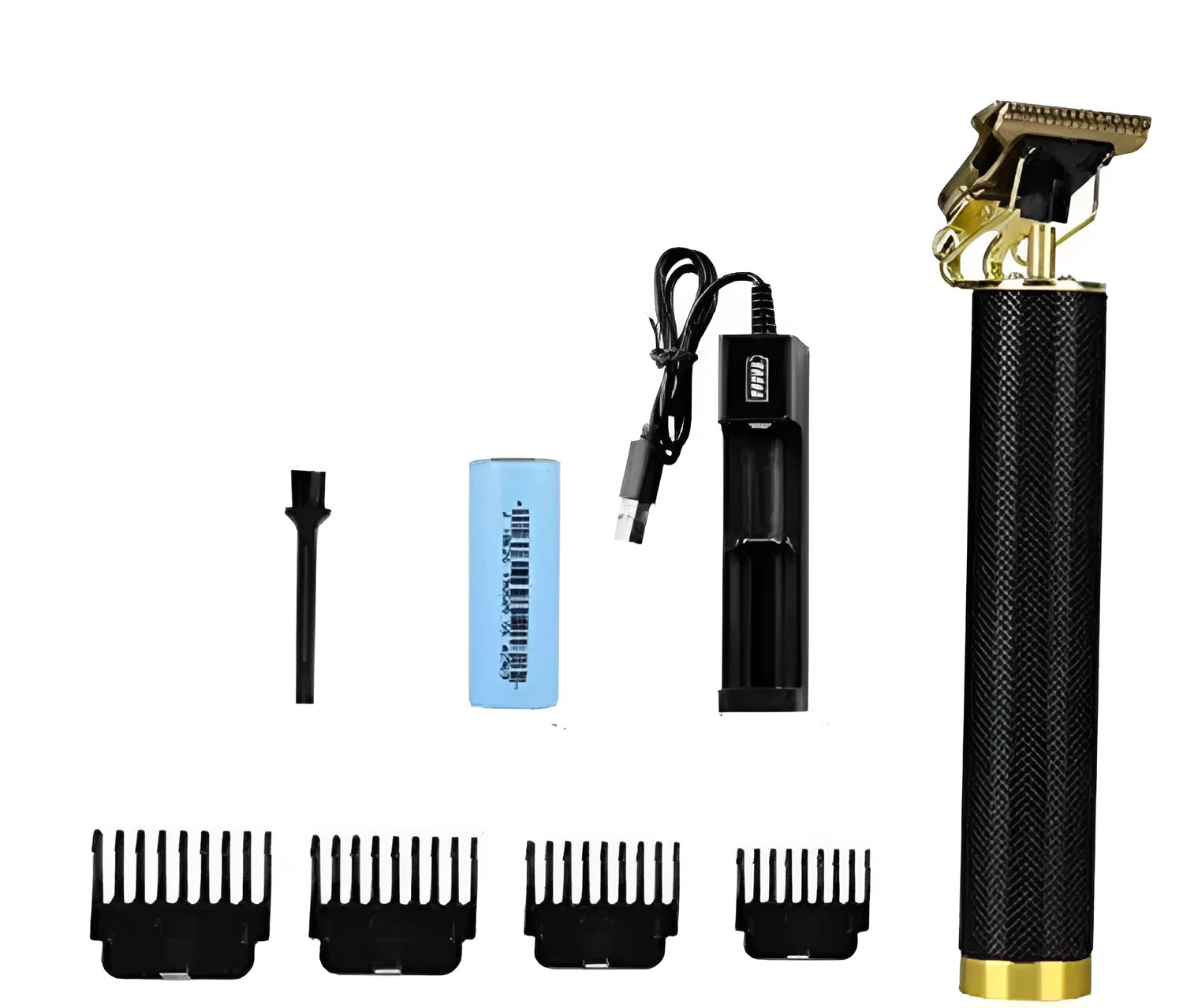 Black USB rechargeable electric hair clipper with four guide combs and cleaning brush