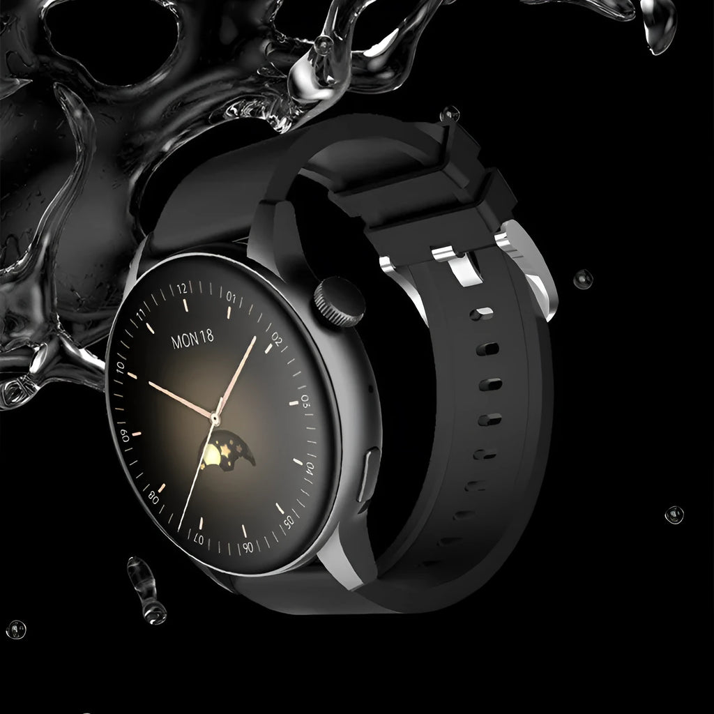 Square stainless steel smart watch with colour screen showing time, placed on a wrist.