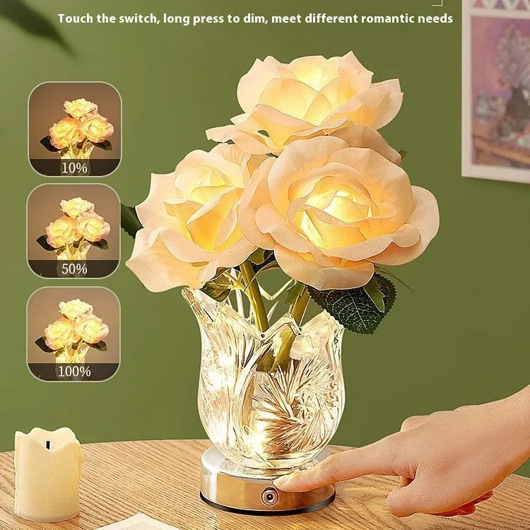 White crystal flowers touch control table lamp with USB charging cable on bedside table
