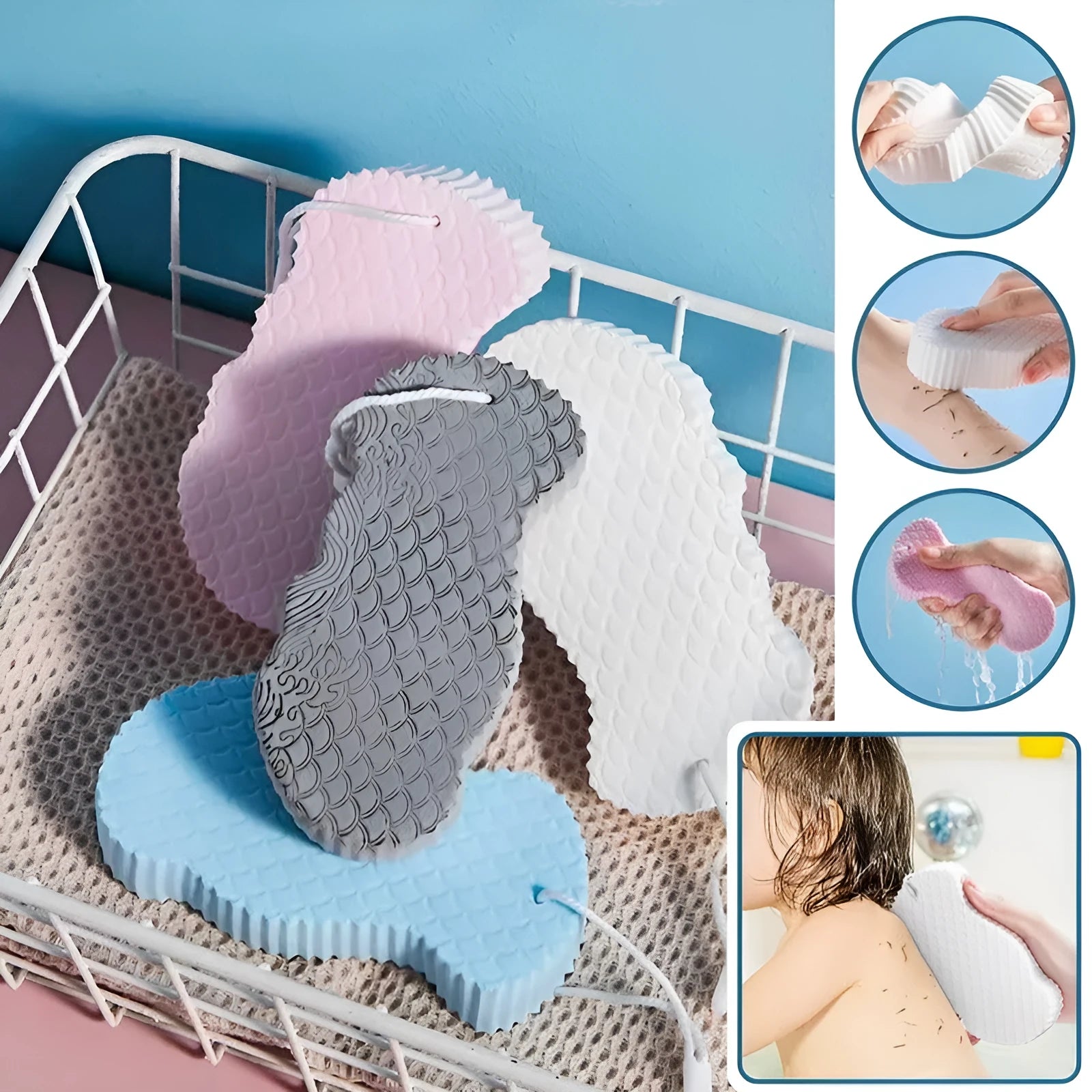 White 3D fish scale pattern bath sponge ball with hanging loop on a grey background.