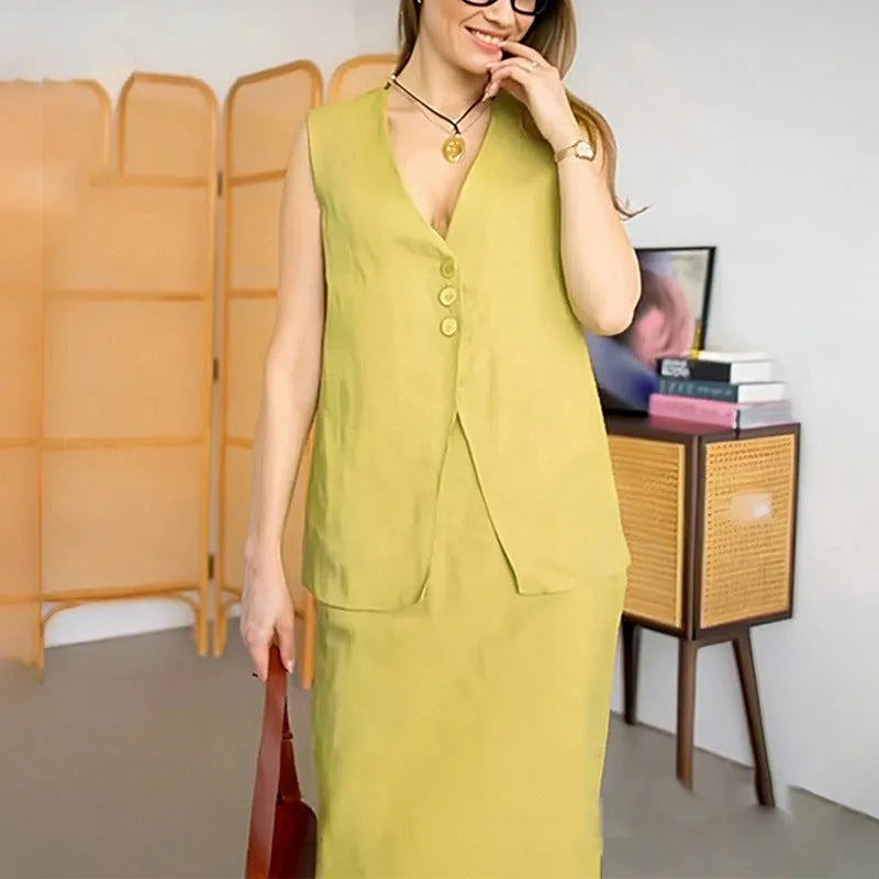 Women's blue sleeveless vest and long skirt two-piece casual suit set