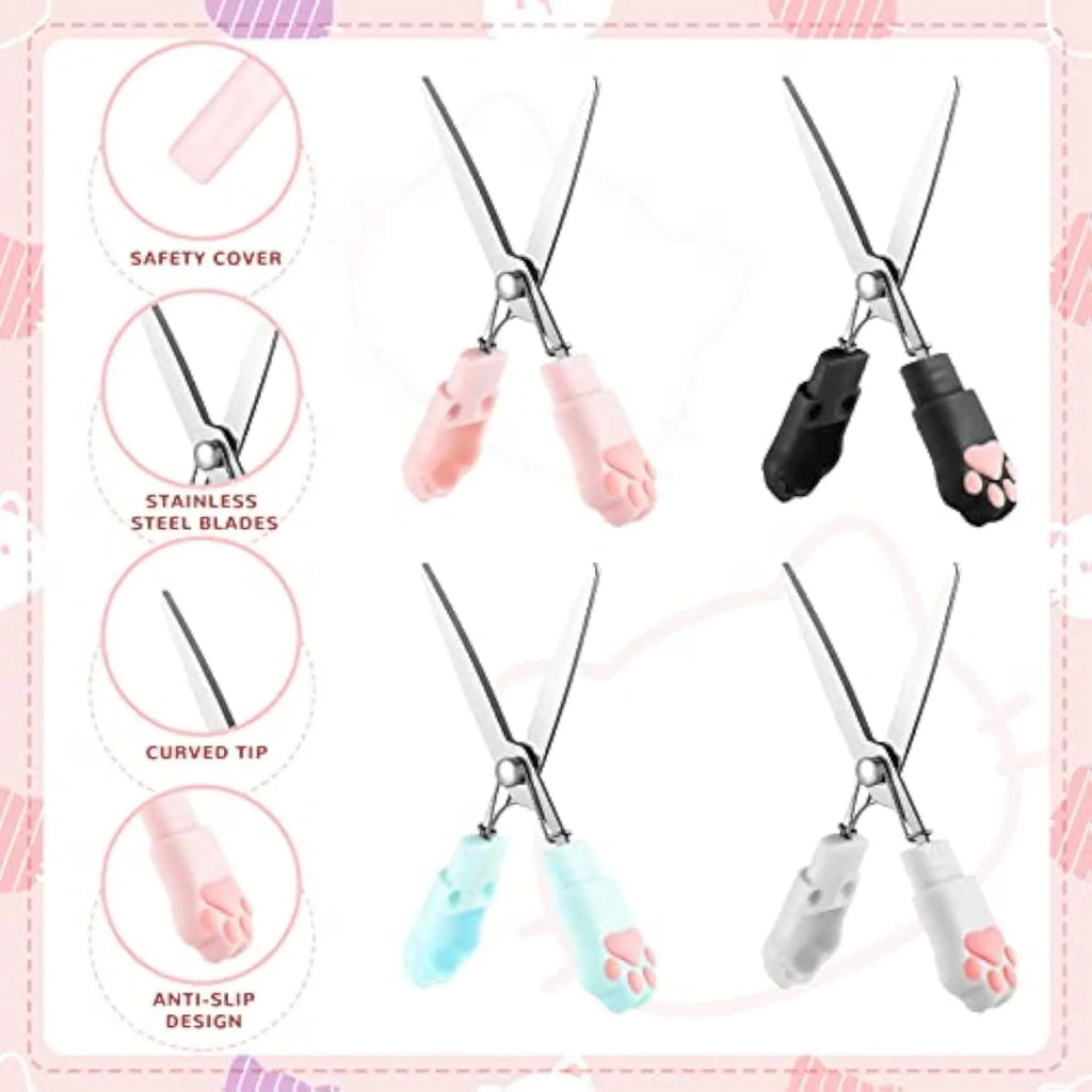 Cat paw mini folding scissors showing stainless steel blades and compact size next to a ruler.