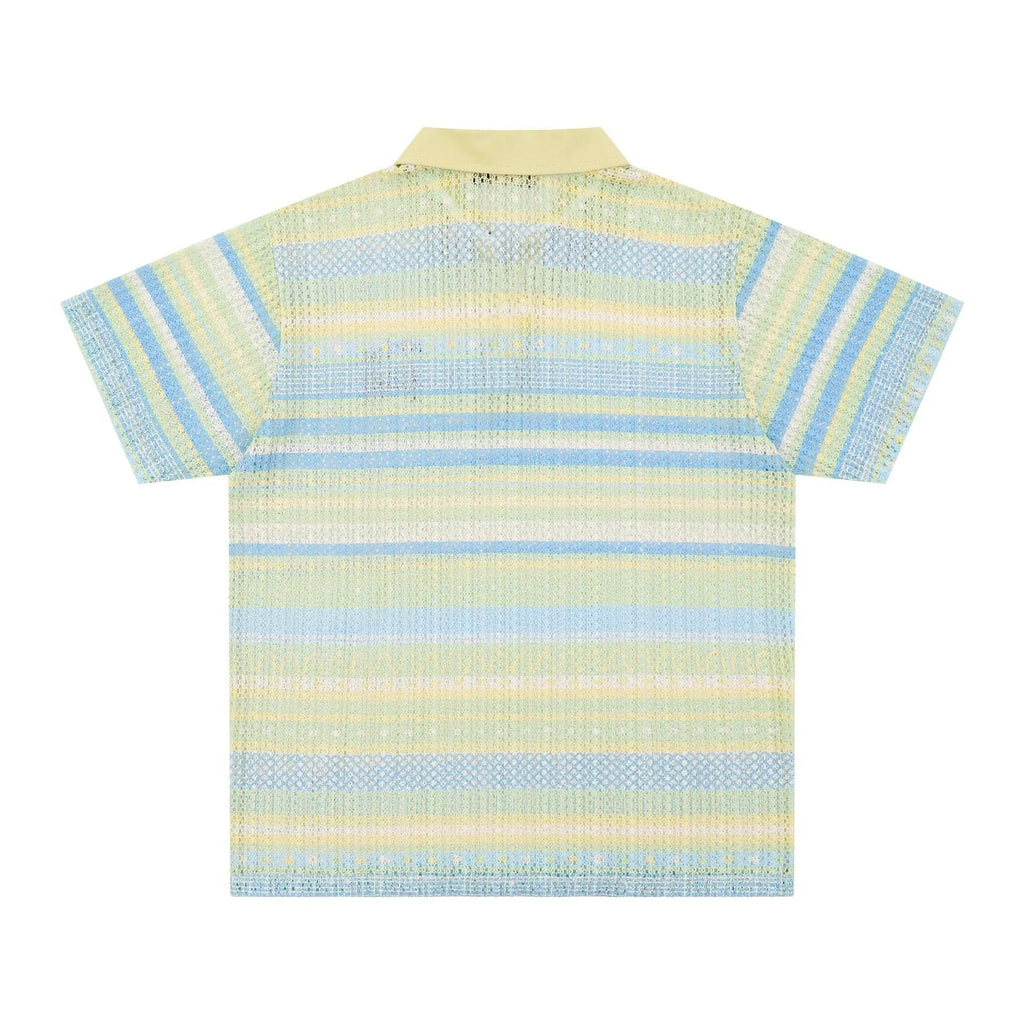 Men's blue printed short-sleeve shirt with elastic polyester fabric in loose fit