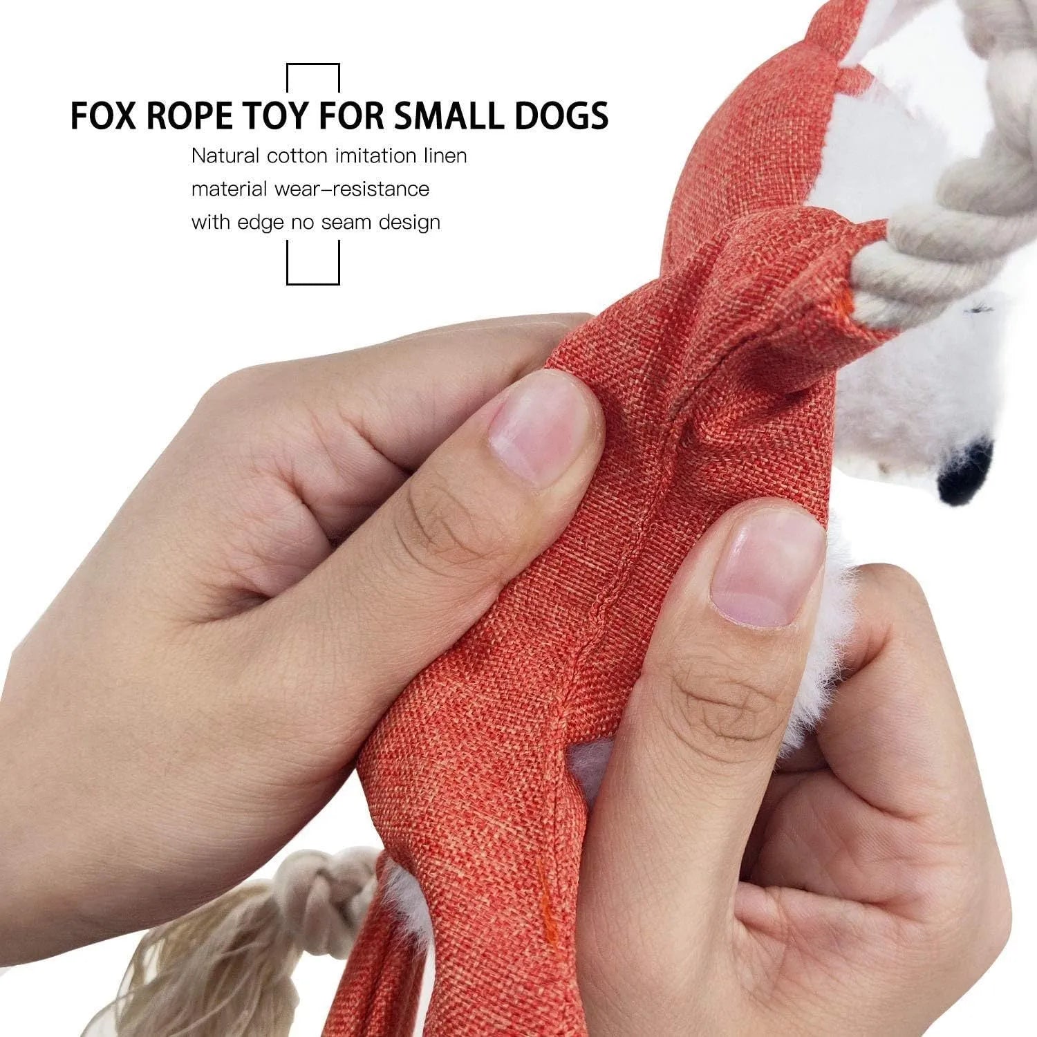 Brown plush fox dog toy with cotton rope limbs, embroidered eyes, and a squeaker in the head.