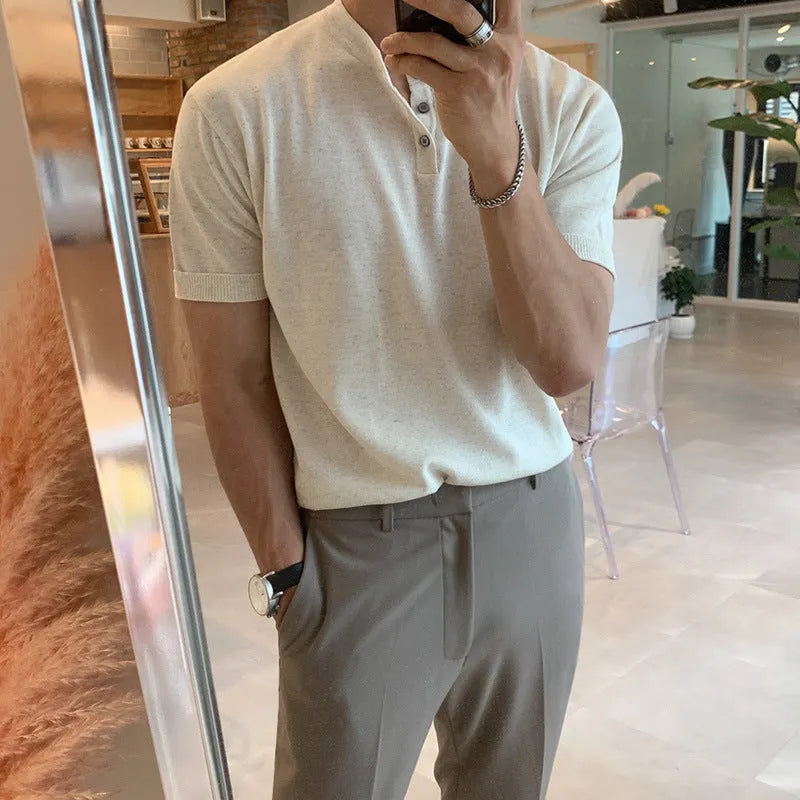 Men's thin slim-fit ice silk knitted shirt in loose pullover style with short sleeves