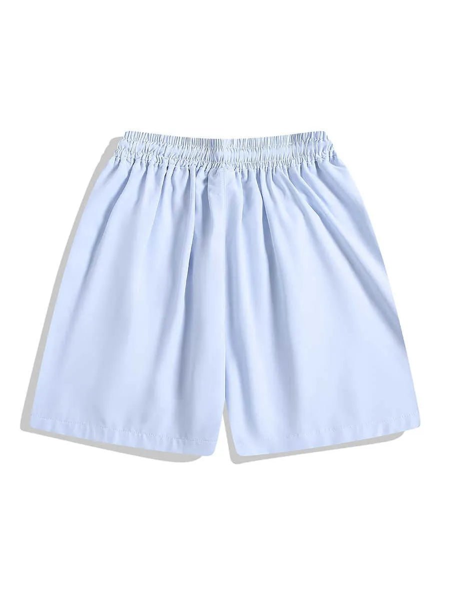 Men's black loose fit sports shorts with elastic waistband and contrast trim, shown on a hanger.